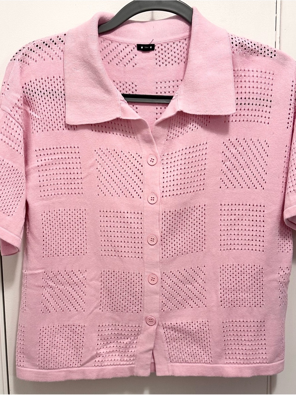 Monrow Boxy Polo Button Cardigan Top S Pointelle Patchwork Knit Short Slv Pink